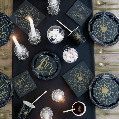 Black & Gold Spider Web Paper Plates 7 Inches, 8 per Package