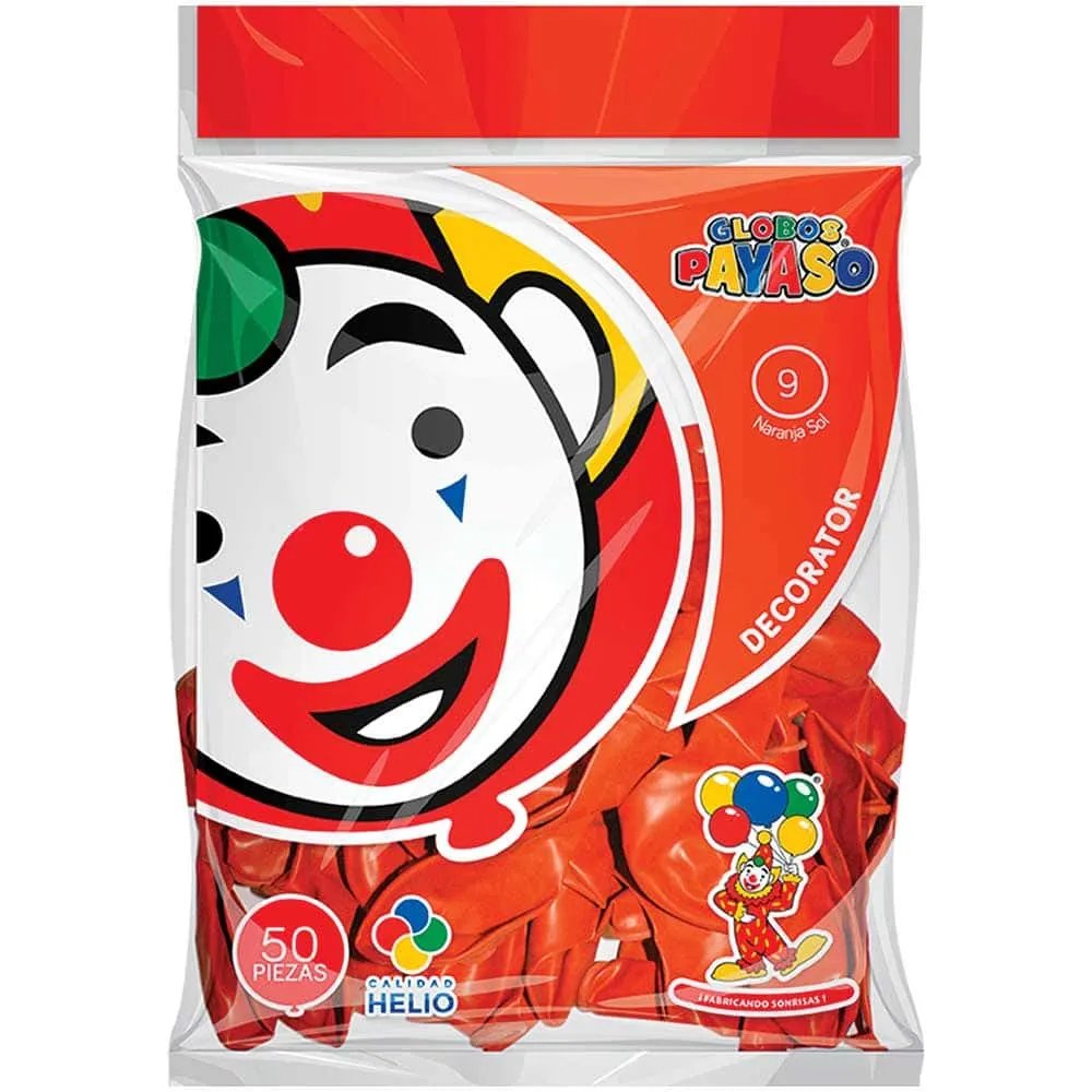 9" PAYASO PASTEL NARANJA 50PZS