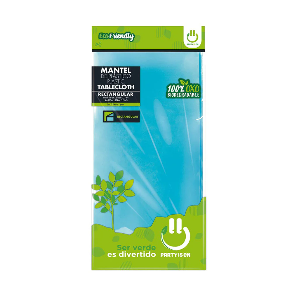 MANTEL PLASTICO PARTY IS ON AZUL CARIBE RECTANGULAR