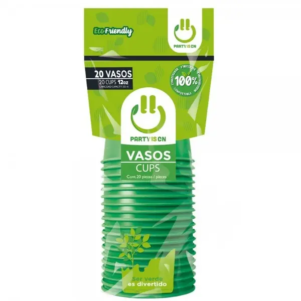 VASO PLASTICO PARTY IS ON VERDE BANDERA C/20PZS 12OZ