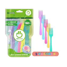 TENEDOR PLASTICO PARTY IS ON MIX MACARRON C/20PZS