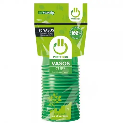 [300] VASO PLASTICO PARTY IS ON VERDE BANDERA C/20PZS 12OZ