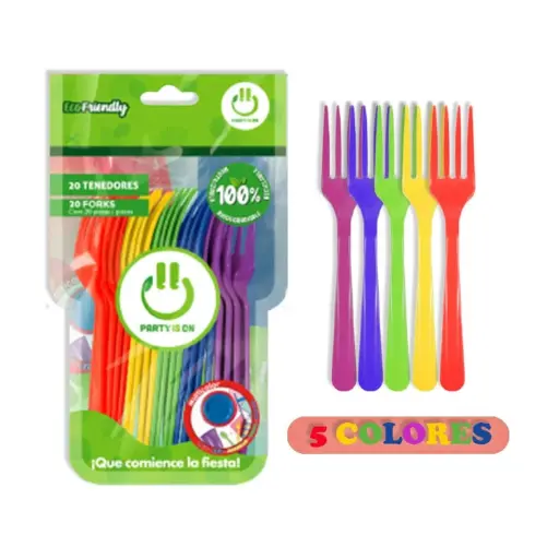 [680] TENEDOR PLASTICO PARTY IS ON MIX MULTICOLOR C/20PZS